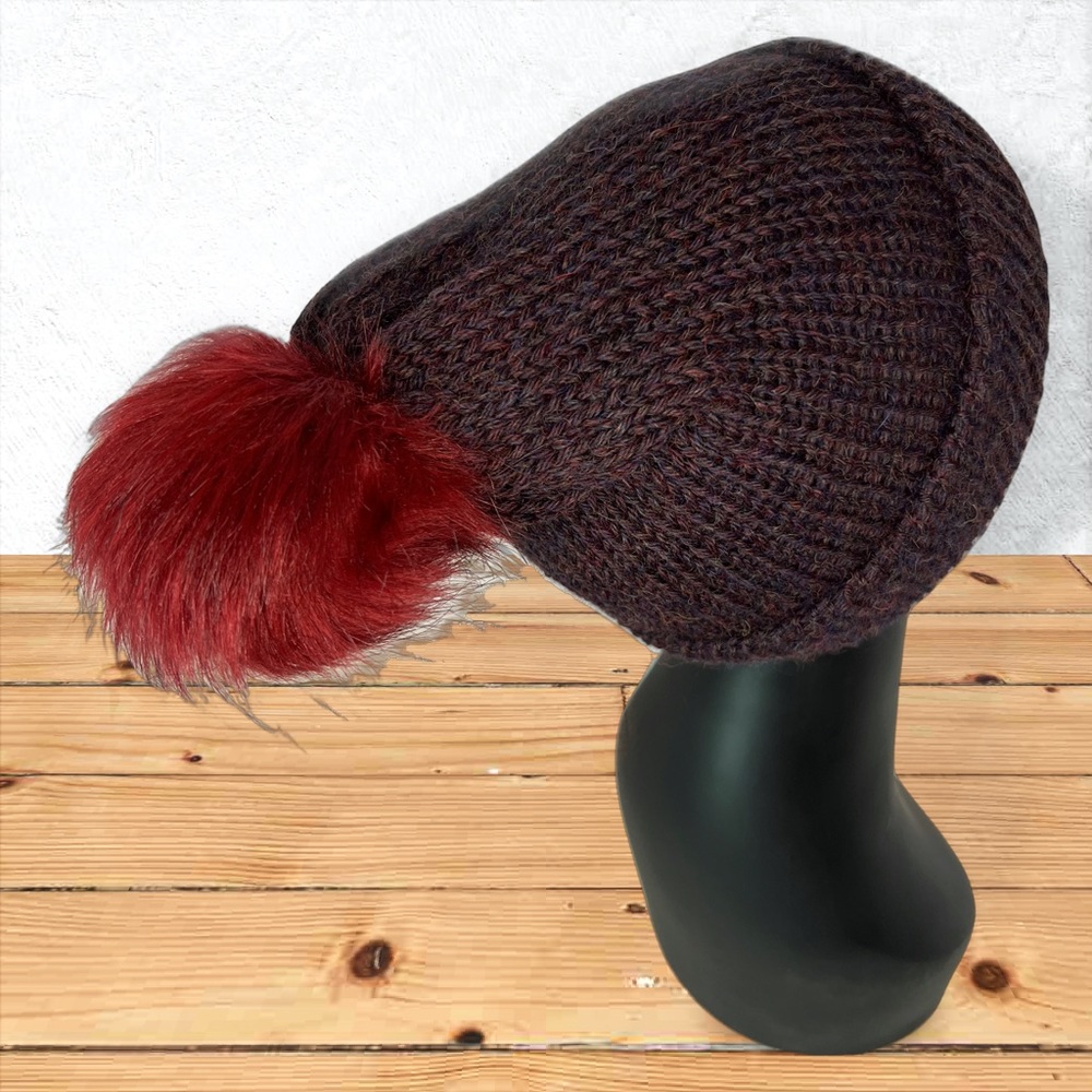 Handmade 100% Alpaca Knit Slouch Hat Beanie Borealis Blue Faux Rabbit Pom Pom - Picture 5 of 11